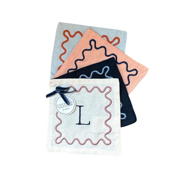 Anthropologie Monogram Cotton Cocktail Napkins Set of 4 Initial L Embroidered - Picture 4 of 8